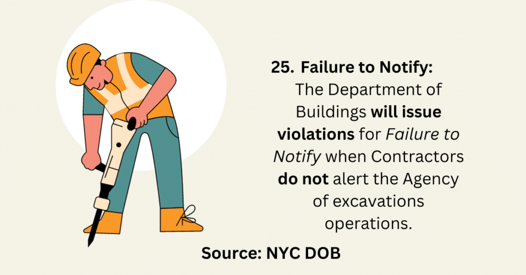 Failure to notify: The Department of Buildings will issue violations for Failure to Notify when contractors do not alert the agency of excavations operations